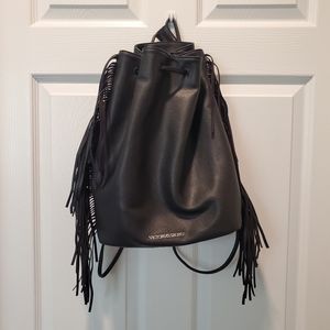 Victoria's Secret black faux leather fringe backpack bag